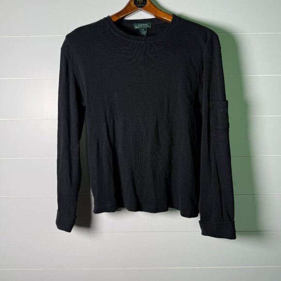 Lauren Ralph Lauren Black Rib 100% Cotton Long Sleeve Shirt w/ Should Pocket XL - Picture 7 of 11